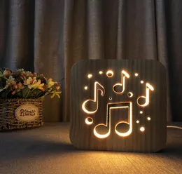 Müzik Notu Şekil 3D Ahşap Lamba Hollowedout LED Gece Işık Sıcak Beyaz Masa lambası USB Güç Kaynağı Arkadaşları Gift7157744