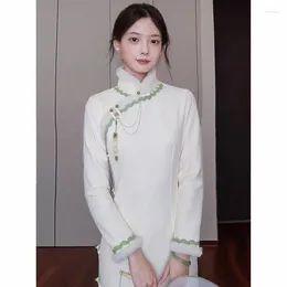 Ethnic Clothing Chinese Qipao Women's Autumn Winter Cheongsam 2024 Retro Improved Youth Style Plush Long Sleeved Daily Dress