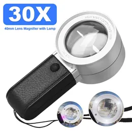 Utrustning 30x Handhållen HD förstoringsglaslins med 4LED -lampor UV -pengar Kontrollera upplyst förstoringsglas för att läsa smycken reparation