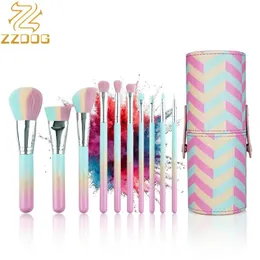 Fırçalar Zzdog 10pcs Renkli Makyaj Fırçaları Kozmetik Toz Vakfı için Yüksek Kişilik Güzellik Araçları Set Göz Farı Eyeliner Kova ile