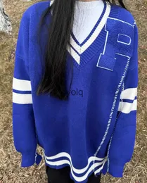 Suéteres femininos Raf Badge Danificado OS Blue Sweater Retro Academy Estilo Extra Grande V-Ne Lã Toalha Bordada Malha Shirtyolq