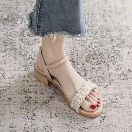 Sandals Ladies Shoes Crystal For Women With Low Heels Summer Trend 2024 Outdoor Footwear One Word Vintage On Offer Daily Luxury