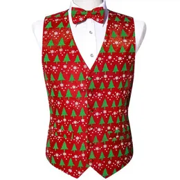 Men's Vests Designer Vest for Men Silk Red Green White Snowflake Christmas Trees Grow Ornament Waistcoat Tie Bowtie Set Party Barry WangL240104