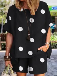 Kvinnors spårsättare Summer Casual Polka Dot Print 2 Piece Set 2024 Löst kort ärmskjorta Toppar Shorts Två matchande Streetwear