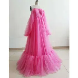 Hot Pink Tulle Maternity Robe / Lace Up Back Ruffle Tulle Dress Foto Shoot Dress / Baby Shower Dresses / Anpassade storlekar / färger BJ