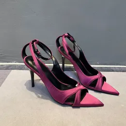 فاخرة مفتوحة اصبع القدم واحد حزام واحد Slim Heel Line Purple Line Tie Tie Slim Heel Designer مدبب عالي الكعب المضخ