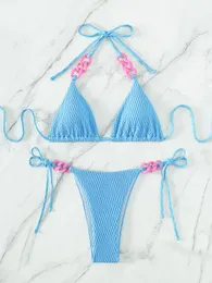 Set Push Up Sexy Bikinis Women 2023 Solid Sky Blue Ring Chain Strap Micro Swimsuit Brazilian Cut Out Bathing Suit Thong Swimwear