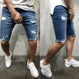 Erkek Şort S-3XL Erkekler Mavi Yırtıcı Kenim Şort Yaz Günlük Moda Pamuk Deliği Elastik Bel Stretch Slim Fit Jean Pants YQ240111