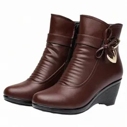 Нескользящие удобные зимние ботинки, женская модная обувь на высоком каблуке на танкетке, женская обувь из натуральной кожи J4tY #
