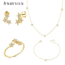 Sets ANDYWEN 925 Sterling Silver Gold Starry Sky Spakle Star Stud Earring Ring Bracelet Necklace Choker Chain Jewelry Set Wedding