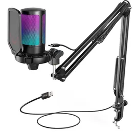 FIFINE USB Gaming Microphone Kit for Condenser Cardioid Mic Set with Mute ButtonRGB Arm Standfor Streaming Video-A6T 240110