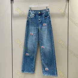 Женские джинсы, дизайнерские джинсы с высокой талией и флоком, прямые джинсы синего цвета с ферментированной стиркой