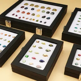Exibição de jóias caixa de exibição de couro preto fivela transparente gem caixa anel de diamante rosto pedra nua cor tesouro caixa de diamante nu