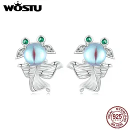 Earrings WOSTU 925 Sterling Silver Rainbow Moonstone Fish Stud Earrings For Women Green CZ Goldfish Ear Studs Party Jewelry Accessories