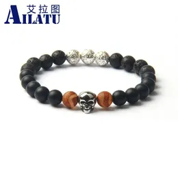 Armband Ailatu Nya rostfritt stål Skull Head Energe Armband Naturlig matt Onyx Lava Stone Pärlor Pulseira Masculina smycken för män