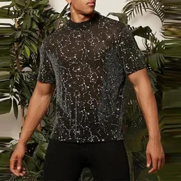 Men's T Shirts Party Fashion Mens Mesh Shirt Spring Long Sleeve Crew Neck Pullover Vintage Shinny Embroidery Tops Sexy Slim T-shirt