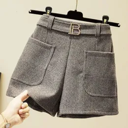 Feminino sólido cintura elástica bolsos faixas lantejoulas calças de perna larga outono inverno coreano solto alta esperou todos os jogos shorts 240112