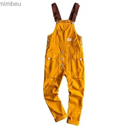 Men's Jeans Spring Overalls Mens Bib Jumpsuits Cotton Multi Pocket Straight Loose Casual Pants Clothing Hip Hop Coverall Yellow TrousersL240111