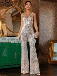 Women's Jumpsuits Rompers Yesexy Summer Women V-neck Sequin Backless Jumpsuit Chic Elegant Comfortable ApricotL240111