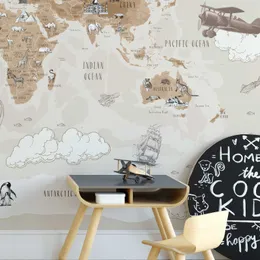 子供のための世界地図の壁紙、飛行機のある地図の壁の壁画、世界地図の壁紙、子供用の部屋