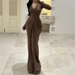 Casual Dresses OMSJ Ladies Elegant Solid Draped Dress for Women Autumn Winter X-Shape Long-Sleeved V-Neck Wrap Hips High Stretch