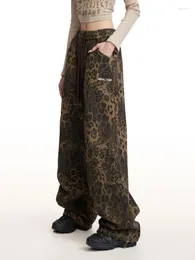 Kadın Pantolon Amerikan Vintage Pantalones de Mujer Leopard Draw String Dikiş Yüksek Bel Tasarım Sokak Giysesi Gyaru Giyim