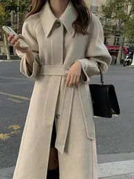 Wool casual long wool coat women's belt lapel single chest solid office women's jacket winter fashion 240112