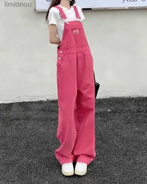 Kvinnors jumpsuits Rompers SM Jeans Womens 2022 Summer Preppy Style Loose Girls Pink Wide Leg Trousers Jumpsuit Korean Casual Denim Overalls Womens (78891L240111