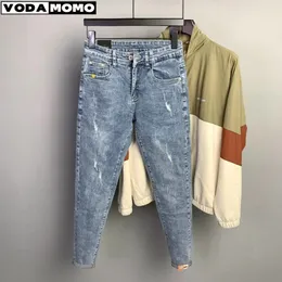 Modedesigner män jeans retro stretch smal fit målade rippade jeans män koreansk stil vintage casual denim pants streetwear 240112