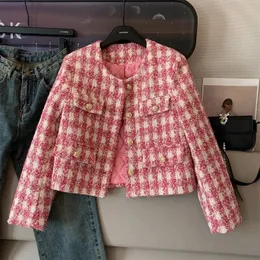 Koreanische Hit Farbe Plaid Jacke Herbst Rosa Tweed Kurzmantel Frauen Mode Elegante Einreiher Strickjacke Tops Oneck Anzug 240112