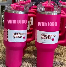 Sälj väl 1: 1 Samma The Quencher H2.0 Cosmo Pink Parade Tumbler 40 Oz 4 Hrs Hot 7 Hrs Cold 20 Hrs Iced Cups 304 Swig Wine Mugs Valentine's Day Gift Flamingo vattenflaskor