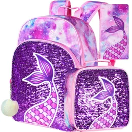 3PCS Kids Backpacks for Girls 16 Little Kid Mermaid Sequin Preschool School Bookbag and Lunch Box 240111