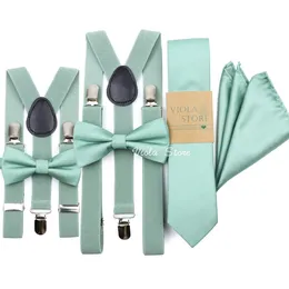 Sage Green Sólido 2.5cm Suspensório 6cm Gravata Hankie Bow Set Homens Kid Cravat Brace Correias Ajustáveis Acessório de Festa de Casamento 240111