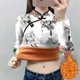 Женские футболки, флисовая футболка в китайском стиле с длинным рукавом, женская осенне-зимняя рубашка с воротником Cheongsam, толстая базовая рубашка, женская универсальная блузка