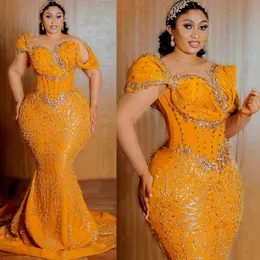 Luxuriöse Plus-Size-Abschlussballkleider von Aso Ebi für schwarze Frauen, orangefarbene Meerjungfrau-Illusion, lange Ärmel, Spitze, Perlen, formelle Abendkleider, Geburtstagsparty-Kleid, Gala-Kleider, NL497