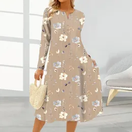 Vestidos casuais mulheres vestido de mangas compridas flor impressão a linha midi com decote em v manga comprida para mulheres outono primavera moda suave senhora