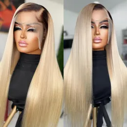 Perruque Lace Front Wig synthétique brésilienne lisse, cheveux humains, blond ombré, 13x4, 180 de densité, avec fermeture transparente, pour femmes