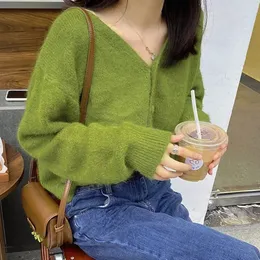 Outono moda com decote em v de malha cardigan feminino verde manga longa único breasted suéteres casuais malhas mujer 240112