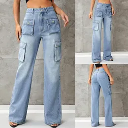 Jeans femininos mulheres y2k coreano baggy perna larga alta cintura elástica reta abotoada calças jeans soltas com bolsos