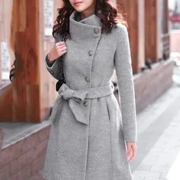 Women's Wool Womens Autumn Winter Pocket Overcoat Casual Long Sleeve Single Breasted Stand Collar Temperament Tie Woolen Jackets