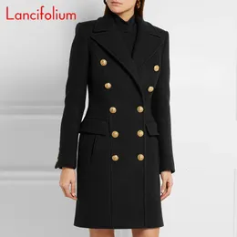 Langer Wollmantel für Damen, Herbst- und Wintermode, Militärschwarz, zweireihiger, ultradünner und eleganter Wollmantel, Jacke 240112