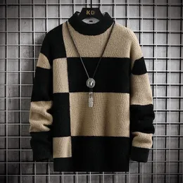 Brand Clothing Warm Autumn Winter Sweaters Men Casual Patchwork Color Knitted Pullovers Male Plaid Round Neck Sweater Man 4XL-M 240112