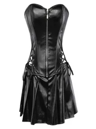 Black Faux Leather Corset Dress Overbust Boned Basque Mini Skirt Sexy Lingerie Bodyshaper Slimsuit Nightwear S6XL Plus Size5276683