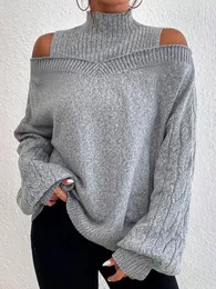 Зимняя мода женский вязаный пуловер с высоким воротом свободный эластичный шерстяной топ с открытыми плечами элегантный свитер в уличном стиле 240112
