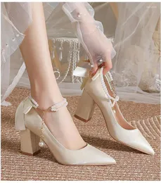 Dress Shoes Size 30-44 Pearls Wedding Women Point Toe Satin Rice Apricot Ribbon High Heel Pumps Chunky Heels
