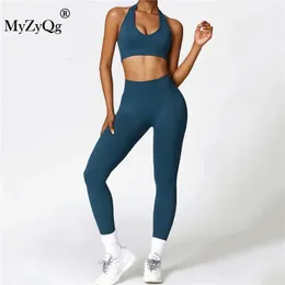 MyZyQg Women Two-piece Yoga Set Tight Seamless Yoga Set Slim Running Sports Pant Suit Quick Dry Beauty Back Fitness Wear 240112