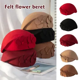 Kvinnor Ull Felt Flower Beret Hat Vintage Winter Warm Stewardess Cap Fedoras Hats French Soft Banquet Beanies 240111