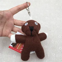 12cm 크로 셰 뜨개질 MR Bean Teddy Bear Keychain 동물 박제 펜던트 갈색 그림 인형 귀여운 작은 테디 베어 소프트 걸 장난감 아이 선물