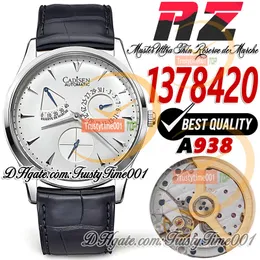 AZF Master Ultra Thin 1378420 Cal.938 Relógio masculino automático de 39 mm Data de reserva de energia Mostrador branco Caixa inoxidável Pulseira de couro preto Super Edition relógios trustytime001