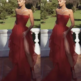 Vestido vermelho escuro para desfile, 2024, sem alças, pregas, tule, divisão lateral, linha, baile, formal, festa, vestidos de festa, 2024